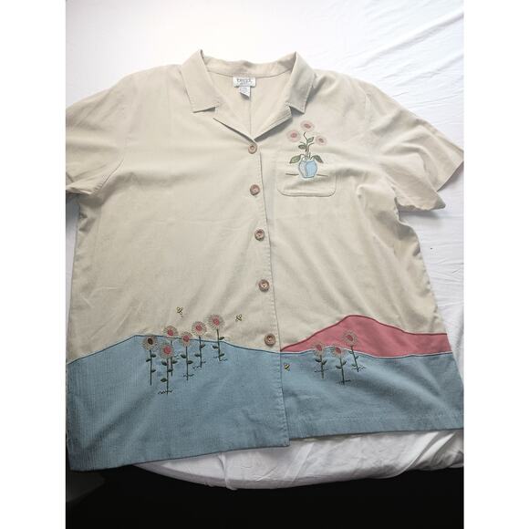 Vintage Teddi Sunflower Beige Blue Red Button Up Blouse Wooden buttons Size 2X - Picture 1 of 6